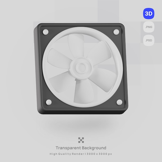 La ilustración del icono 3D representa la parte de la computadora con el fondo transparente del ventilador