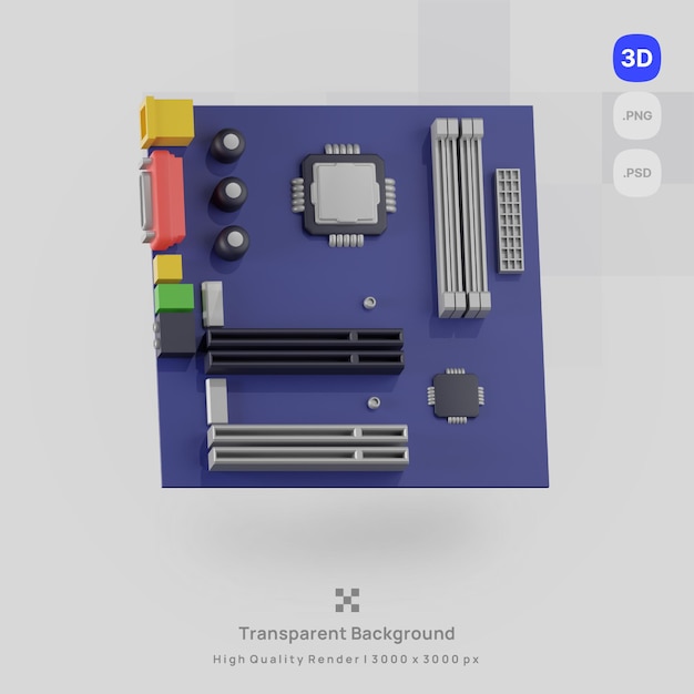 La ilustración del icono 3d representa la placa madre de la parte de la computadora con fondo transparente