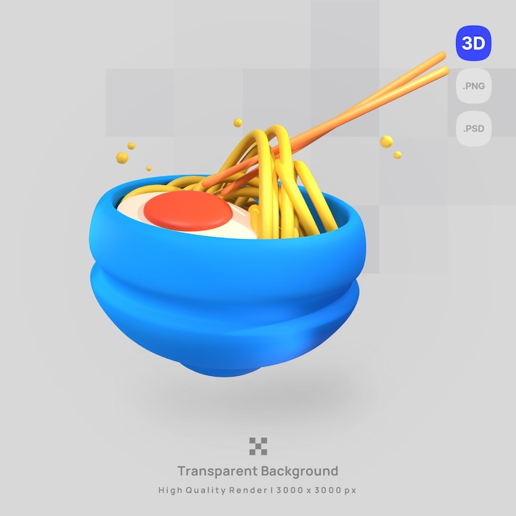 PSD la ilustración del icono 3d representa un tazón de comida con un tazón azul de fideos y palillos