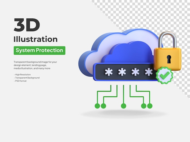 Ilustración de icono 3d del sistema de protección de contraseña de almacenamiento en la nube