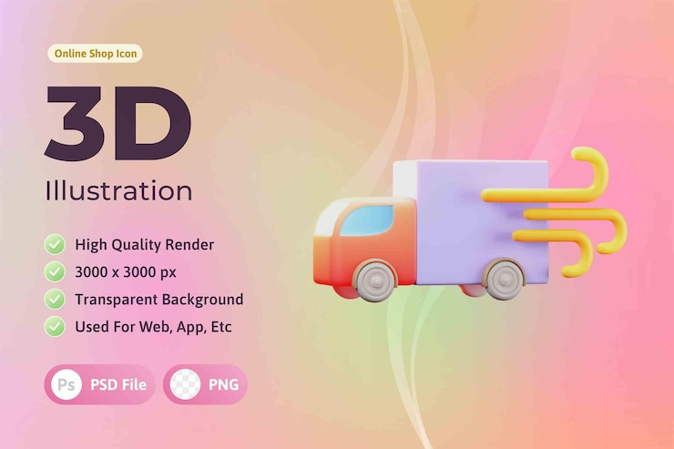 PSD ilustración del icono 3d de la tienda online, entrega de caja de coche