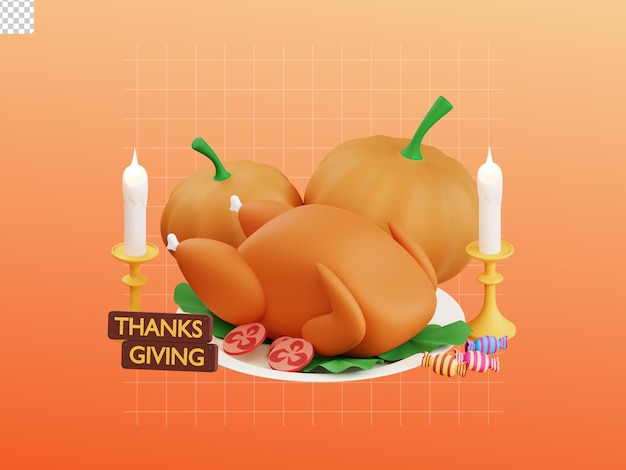 Ilustración de icono de acción de gracias 3d pavo frito y calabaza