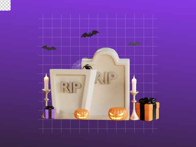 PSD ilustración de icono de halloween en 3d con caja de regalo grave y gato