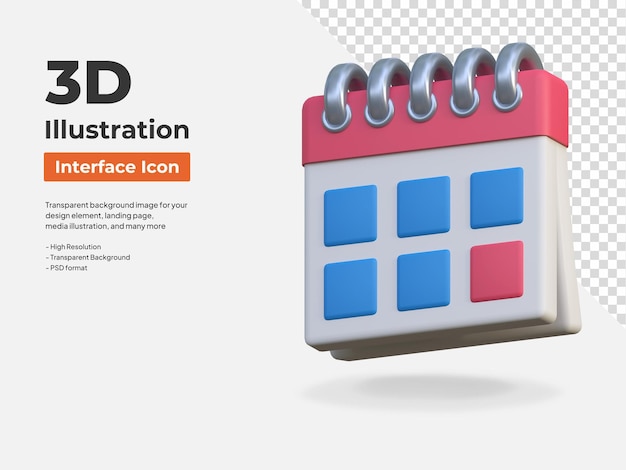 Ilustración de icono de interfaz 3d aislado de aplicación de calendario