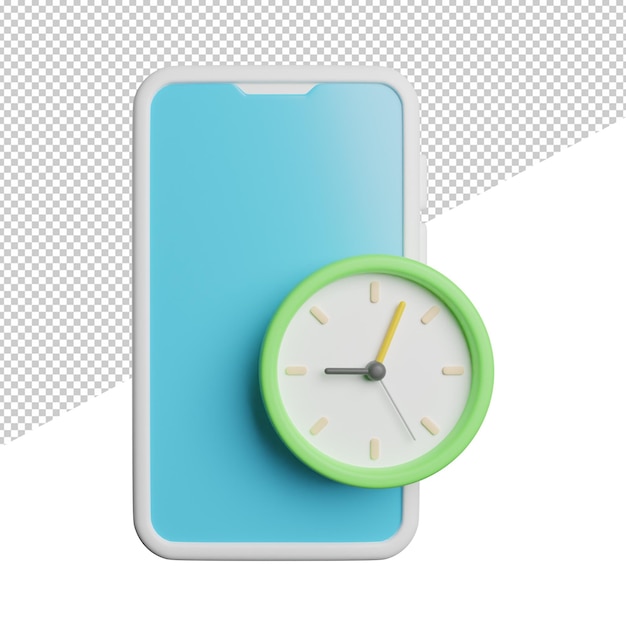 Ilustración de icono de renderizado 3d de vista frontal de tiempo de reloj de teléfono sobre fondo transparente