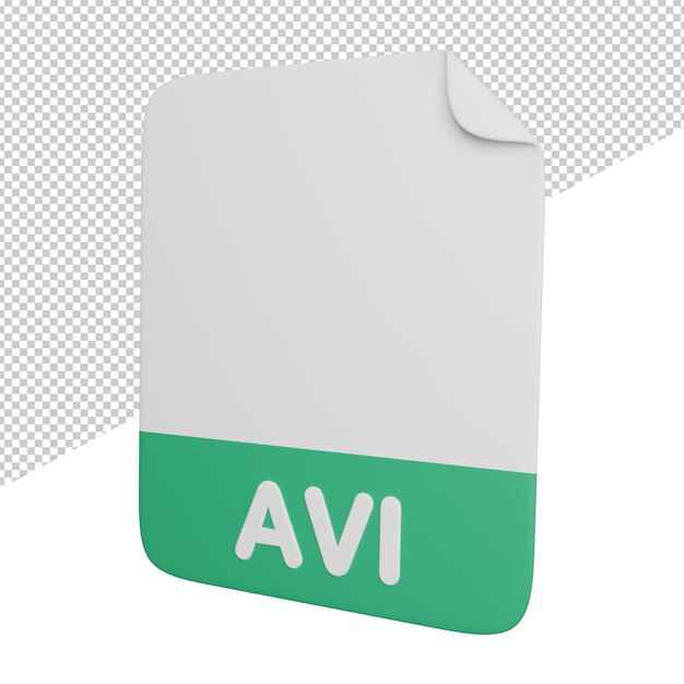 Ilustración de icono de renderizado 3d de vista lateral de archivo de documento AVI sobre fondo transparente