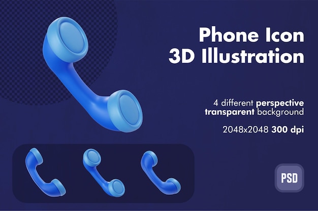 Ilustración de icono de teléfono azul clásico estilizado en 3d con perspectiva múltiple