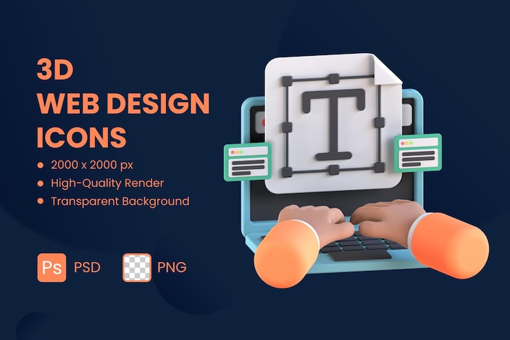 PSD ilustración de iconos 3d y tipografía