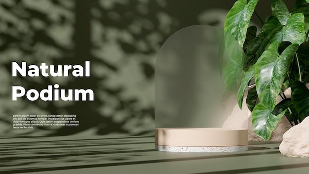 Ilustración de imagen de renderización 3D de la exhibición del podio en espacio vacío para el modelo de producto de fondo natural