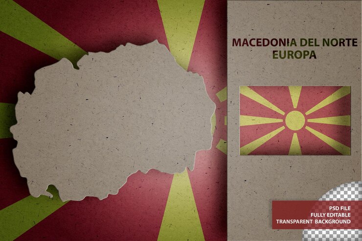 PSD ilustración infográfica del mapa y la bandera de macedonia del norte