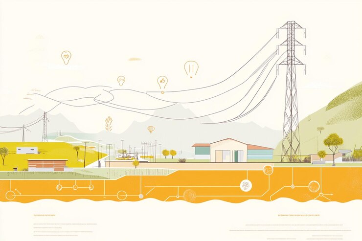 PSD ilustración de la infraestructura de la red eléctrica rural que muestra las líneas de transmisión de electricidad, las subestaciones y la distribución de energía a los hogares y las granjas