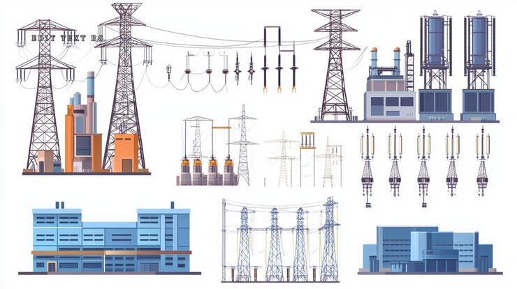 PSD ilustración de la infraestructura de transmisión y distribución de la generación de energía, incluidas las subestaciones de las centrales eléctricas y las torres de alta tensión