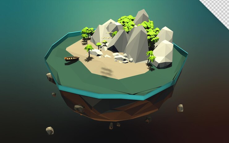 Ilustración de isla 3d poligonal baja vista superior de estilo polivinílico bajo sistema ecológico