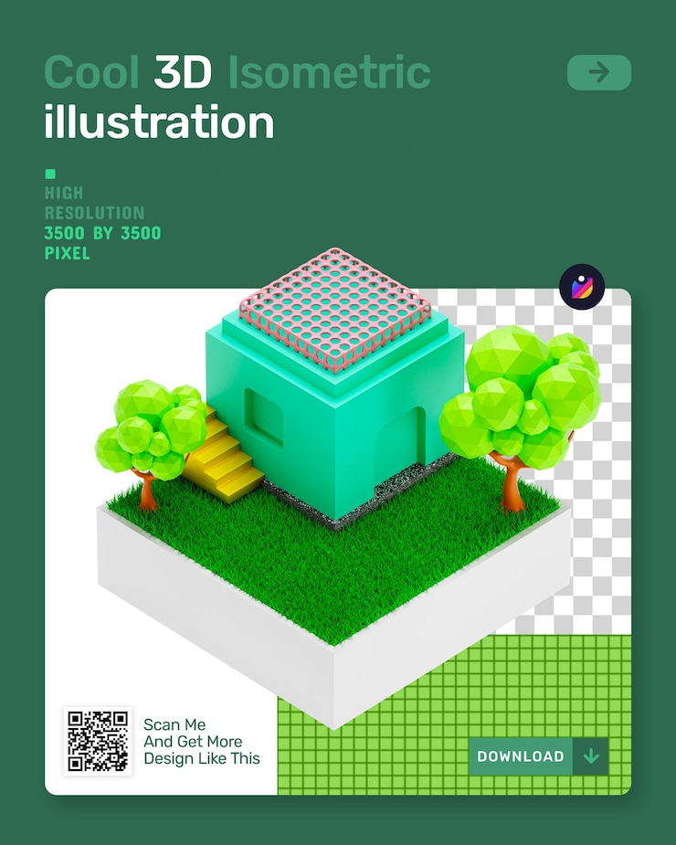 PSD ilustración isométrica 3d con césped de árbol y arquitectura