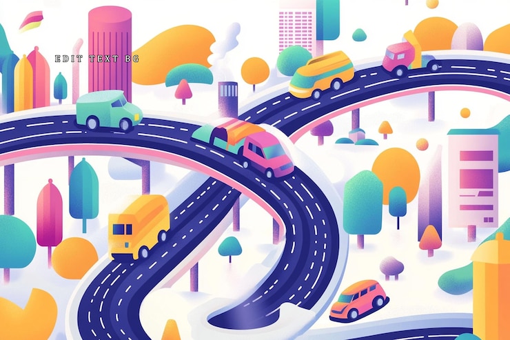 PSD ilustración isométrica colorida de un cruce de autopistas con vehículos y edificios de la ciudad