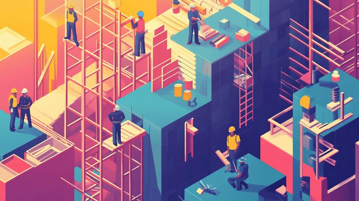 PSD ilustración isométrica colorida de trabajadores de la construcción en andamios y bloques de construcción varias tareas