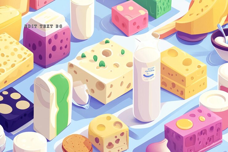 PSD ilustración isométrica colorida de varios tipos de queso, leche y productos lácteos
