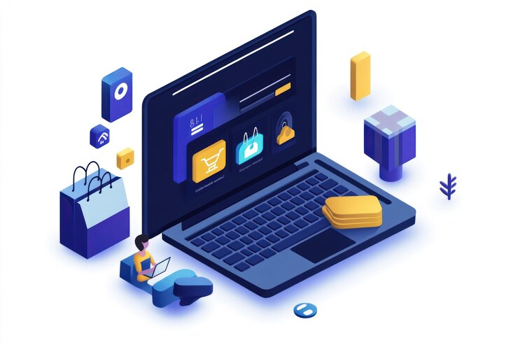 PSD ilustración isométrica de las compras en línea en una computadora portátil