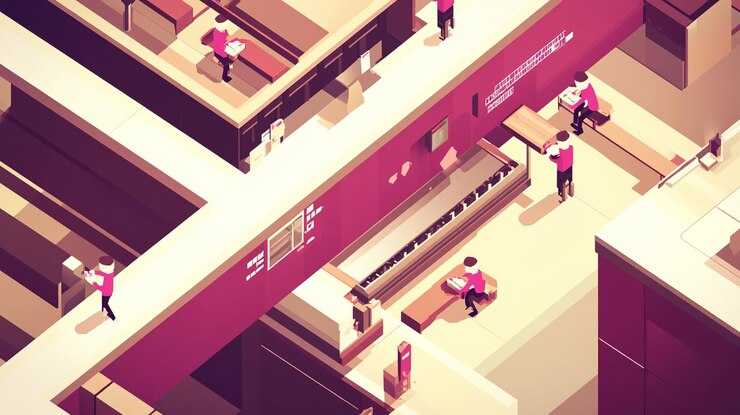 PSD ilustración isométrica de un espacio de oficina moderno con empleados trabajando en escritorios y caminando por corredores