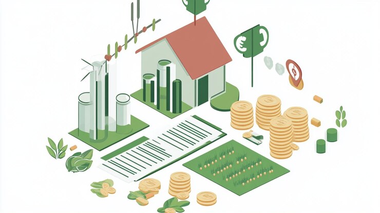 PSD ilustración isométrica de la inversión en viviendas sostenibles que muestra las plantas y el equipo de laboratorio del documento de financiación del dinero de la casa