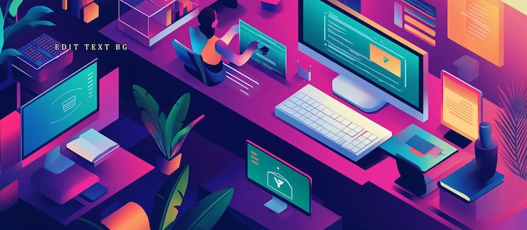 PSD ilustración isométrica de una persona que trabaja en múltiples computadoras y dispositivos en un espacio de trabajo moderno vibrante