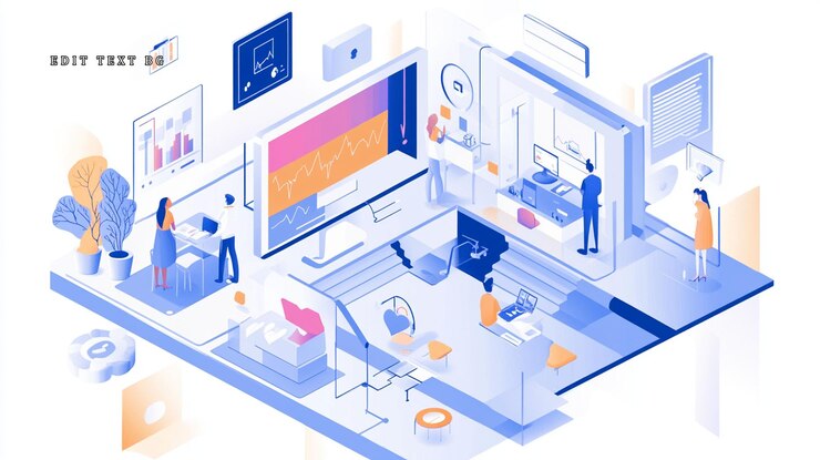PSD ilustración isométrica de personas que trabajan con dispositivos digitales y análisis de datos en una oficina moderna