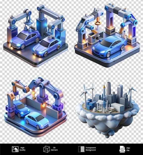 Ilustración isométrica de renderización 3D de alta calidad de la fábrica de automóviles automatizados y la ciudad futurista en las nubes