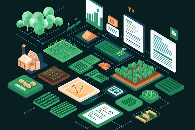 PSD ilustración isométrica de la tecnología agrícola inteligente que muestra el análisis de datos, la gestión de la granja y el seguimiento de los cultivos