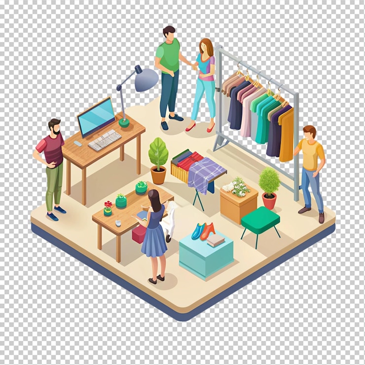 PSD ilustración isométrica de una tienda de ropa sobre un fondo transparente