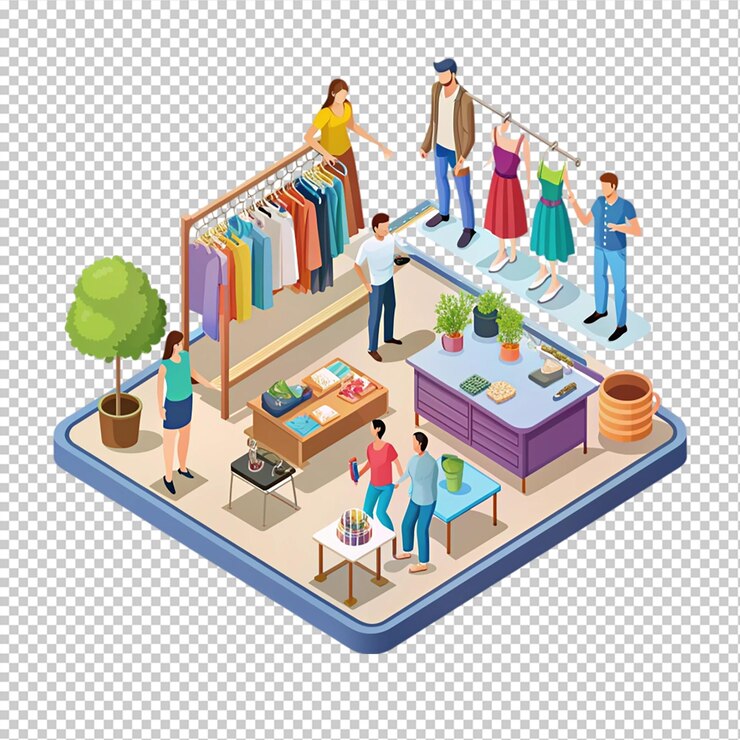 PSD ilustración isométrica de una tienda de ropa sobre un fondo transparente