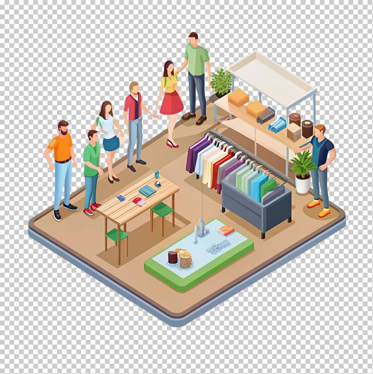 PSD ilustración isométrica de una tienda de ropa sobre un fondo transparente
