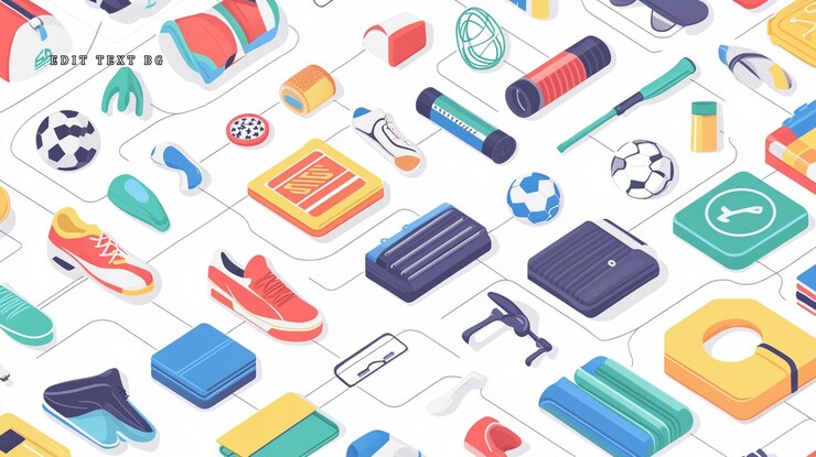 PSD ilustración isométrica de varios equipos y accesorios deportivos interconectados