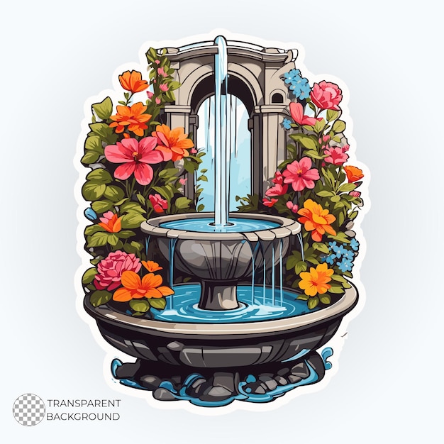 PSD una ilustración de un jardín pacífico con flores en flor y una fuente de agua que fluye