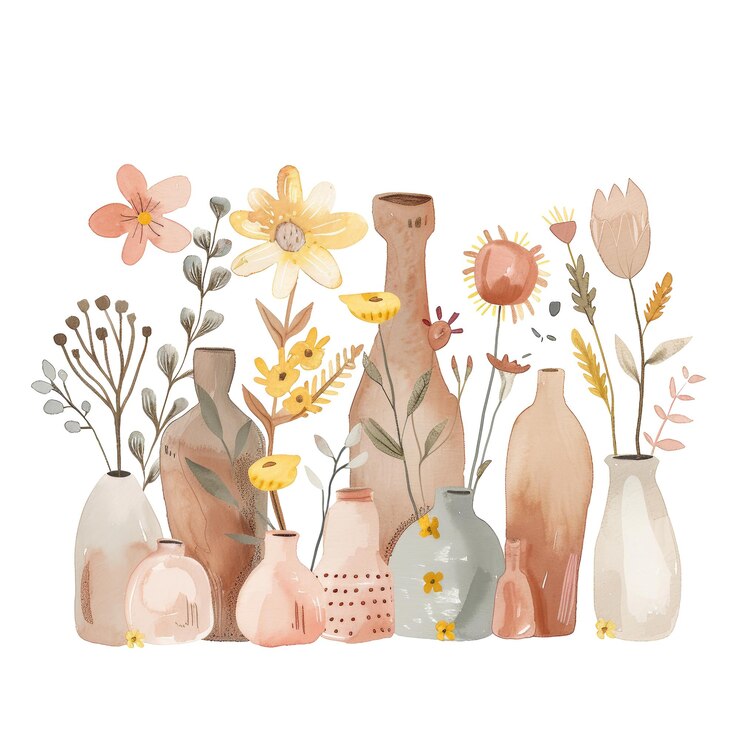 PSD ilustración de jarrones y flores a la acuarela arte decorativo de pastel suave