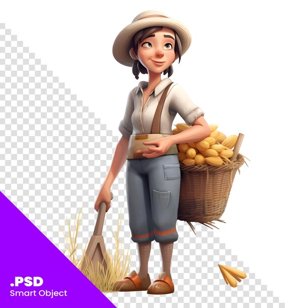 PSD ilustración de un joven agricultor sosteniendo una canasta llena de pan recién cosechado plantilla psd