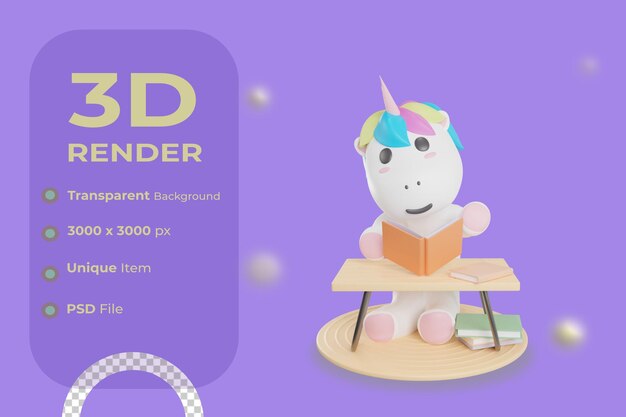 Ilustración de libro de lectura de unicornio con fondo transparente 3D Render