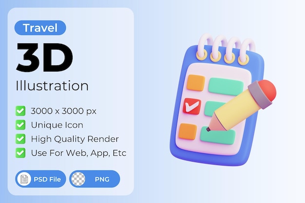 Ilustración de lista de verificación de viaje 3D
