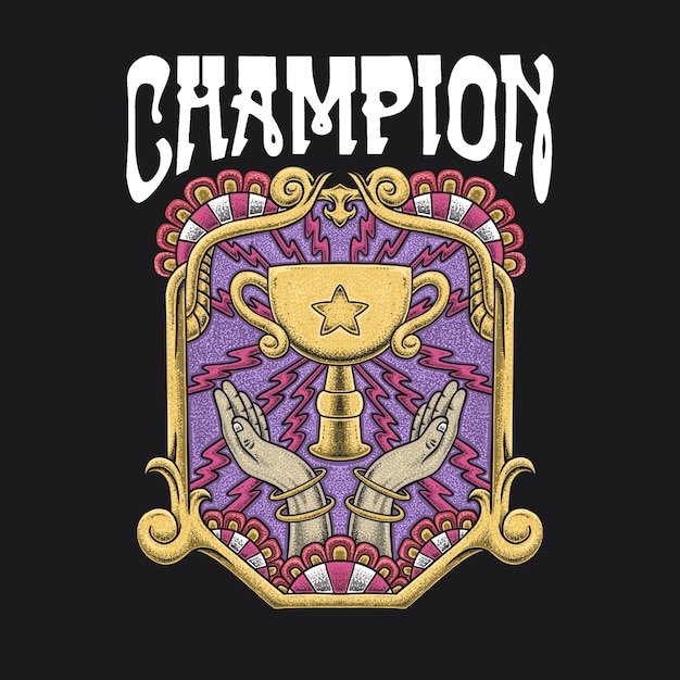 Ilustración de mano y copa premium para campeón de camiseta.