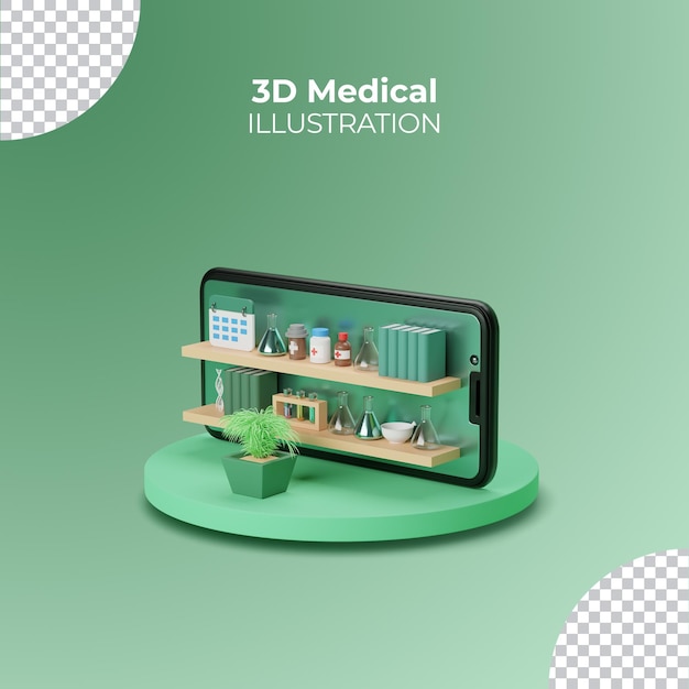 PSD ilustración de medicina en línea con teléfono inteligente 3d