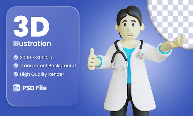 Ilustración de médico 3D con pose de pulgar arriba