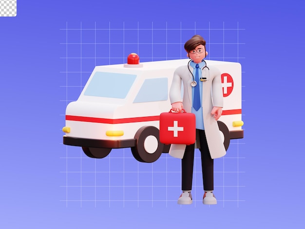 PSD ilustración de médico masculino de personaje 3d con ambulancia