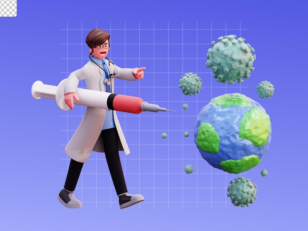 Ilustración de médico masculino de personaje 3d curando la tierra del virus