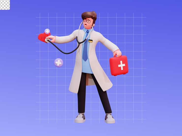 PSD ilustración de médico masculino de personaje 3d haciendo diagnóstico