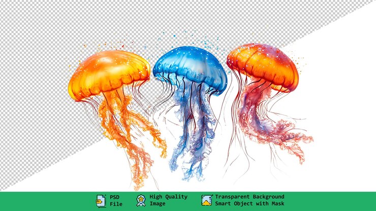 Ilustración de medusas de acuarela vibrante Conjunto de tres en fondo transparente