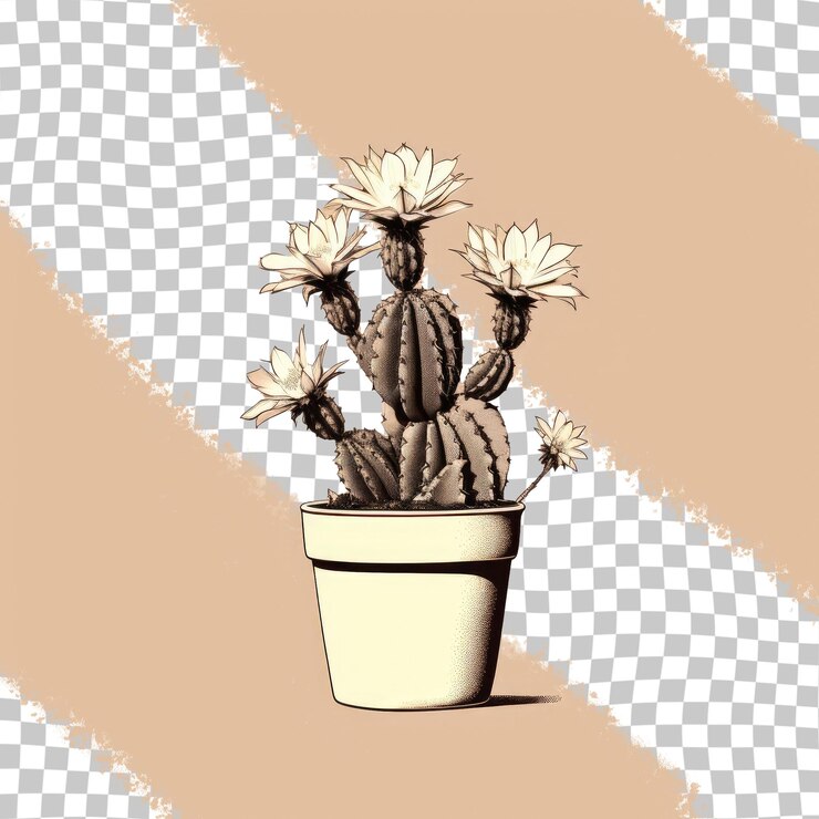 PSD ilustración monocromática de un cactus en una olla sobre un fondo transparente