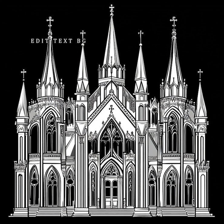 PSD ilustración monocromática de una catedral gótica con detalles intrincados y múltiples torres