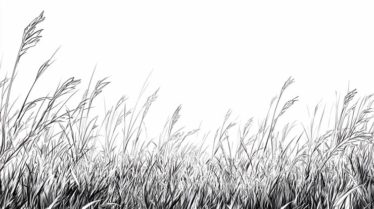 PSD ilustración monocromática de hierba alta soplando en el viento contra un fondo blanco