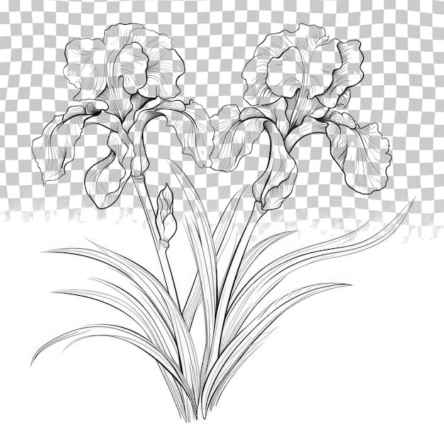 Ilustración monocromática vectorial de la flor de Iris dibujada a mano aislada en un fondo transparente