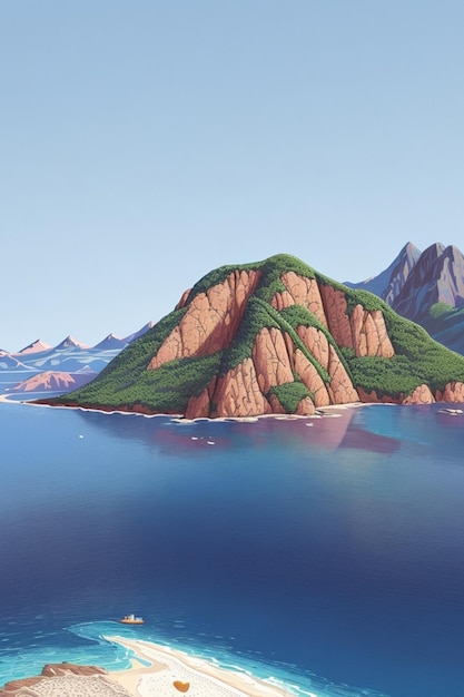 PSD ilustración montañas en el mar azul paraíso puesta de sol luz diseño fondo paisaje