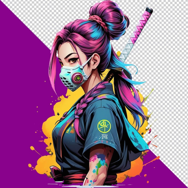 PSD ilustración de una mujer guerrera samurái con una máscara y una espada katana